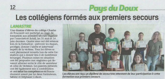 Article de presse sur la formation de collégiens aux premiers secours