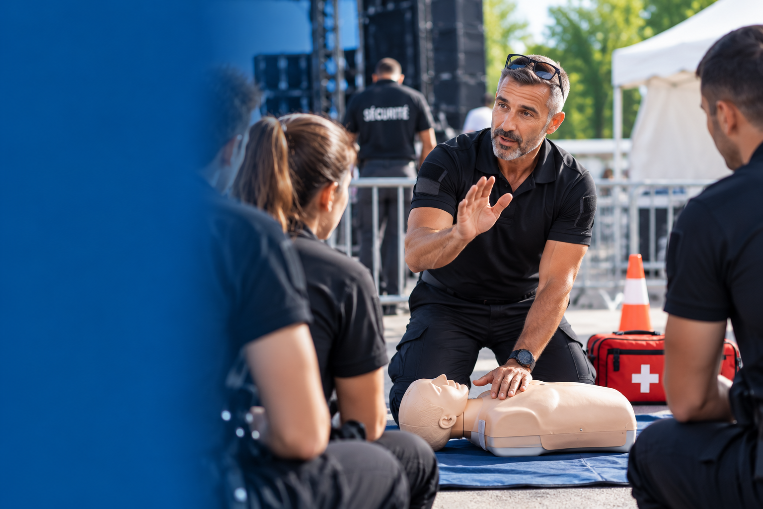 Formateur lors d’une démonstration de premiers secours en contexte événementiel
