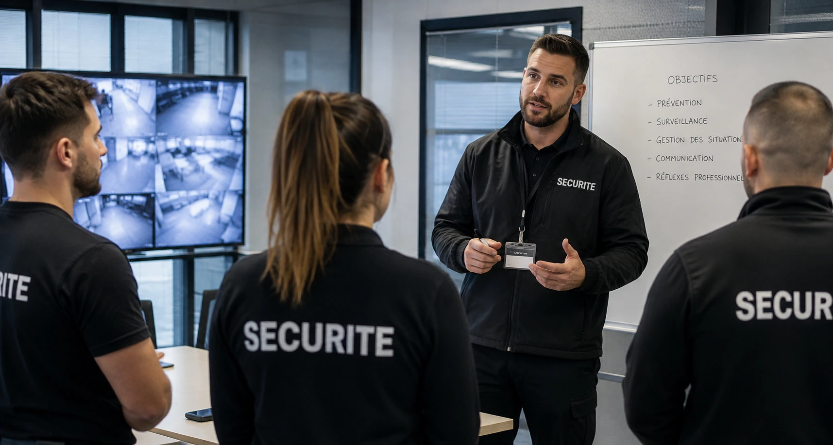 Professionnel de la sécurité lors d’un briefing avec une équipe