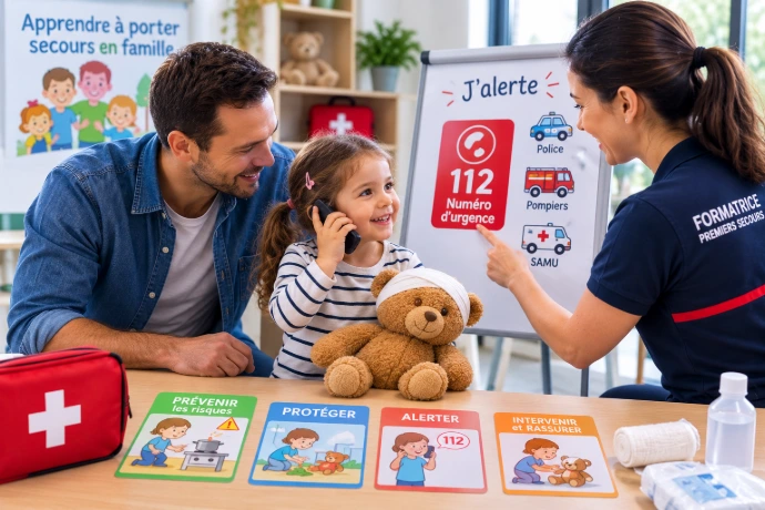 Enfant apprenant les réflexes de premiers secours en famille